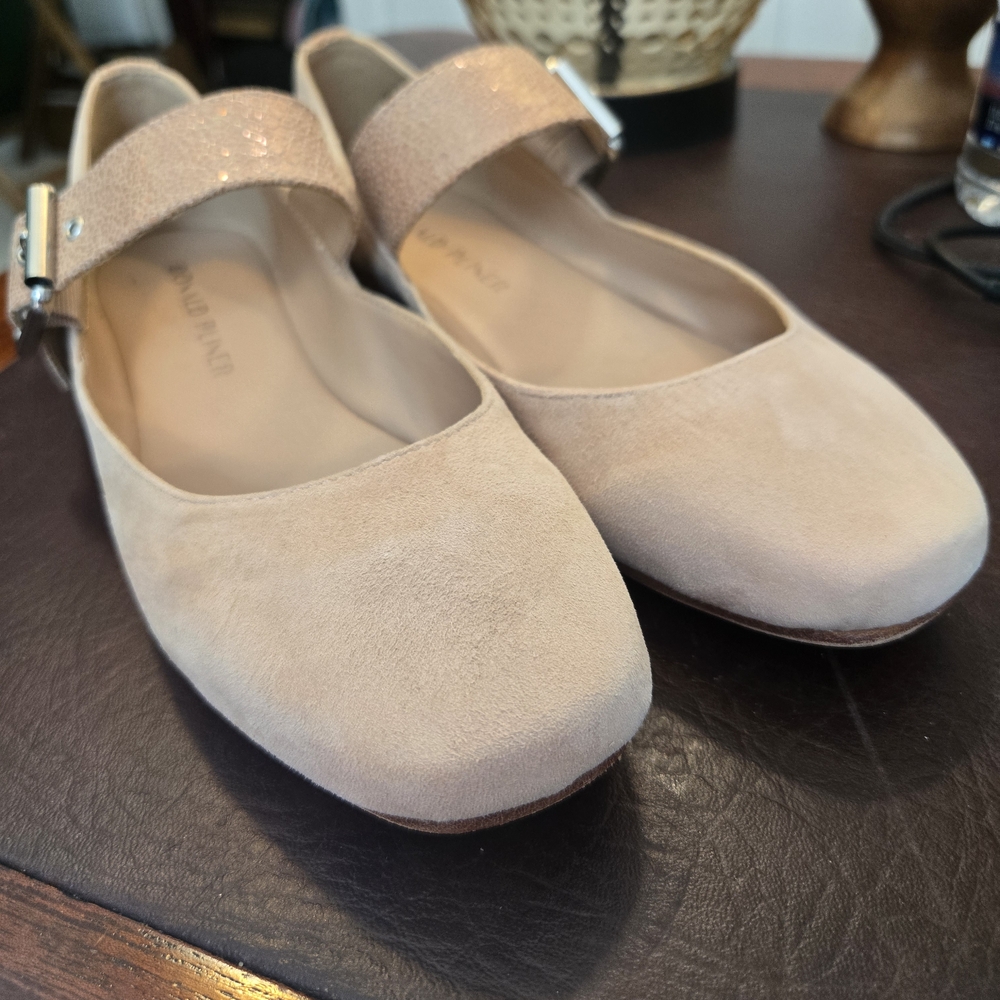 Donald J. Pliner Beige Suede Mary Jane Flats with Glitter Strap